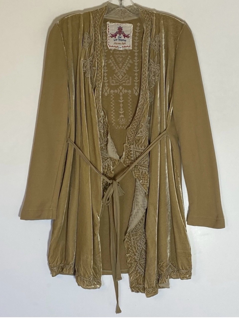 Boho Johnny Was Velvet Tie-Waist Robe Cardigan in tan/Beige